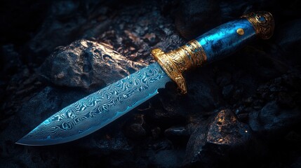 Ornate dagger rests on dark rocks, night scene, product shot