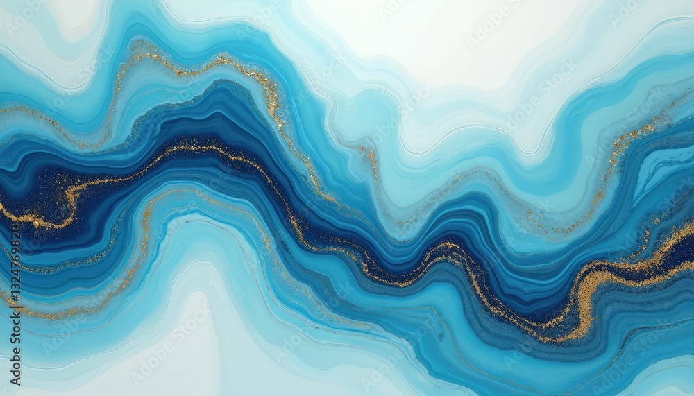Fototapete Trendy abstract blue and gold fluid art pattern with marble effect. Wave lines texture. Perfect background for modern digital design. Colors gradient wallpaper with flowing liquid elements.