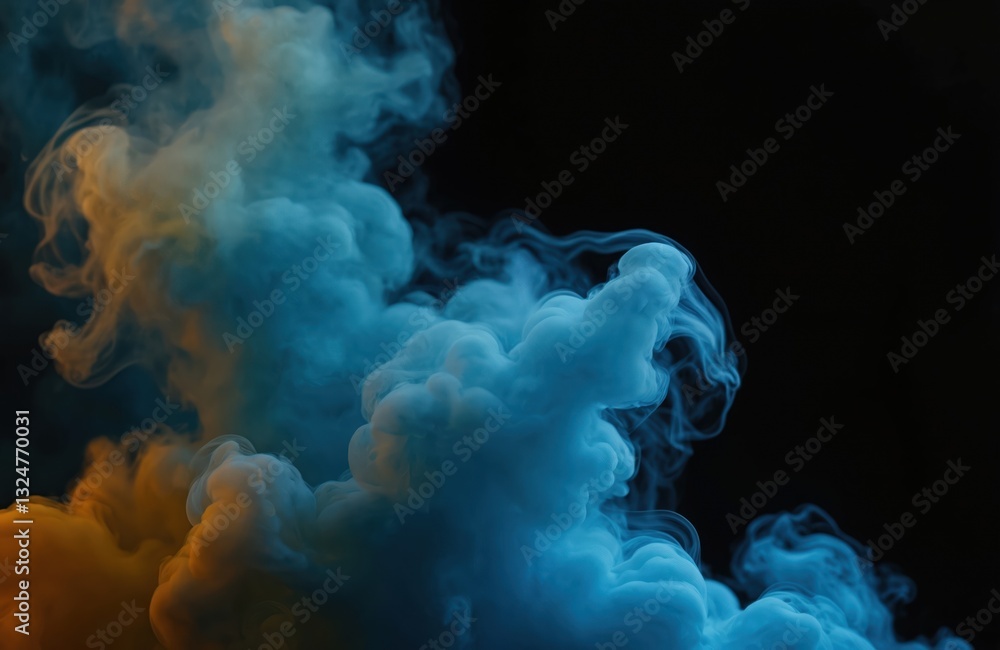 Aufkleber smoke background features blue, yellow clouds. steam, fog on black backdrop. cloudscape with gradien