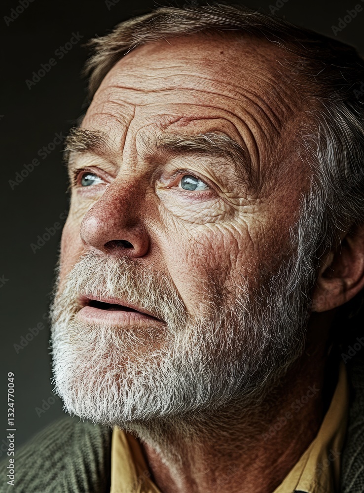 Poster older man with gray beard reflecting thoughtfully in indoor setting with soft lighting during the mo