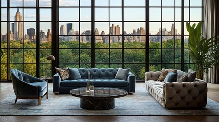 A panoramic view of the New York skyline from an ultra-luxury apartment in Central Park, showcasing its expansive windows overlooking the lush greenery and iconic buildings.