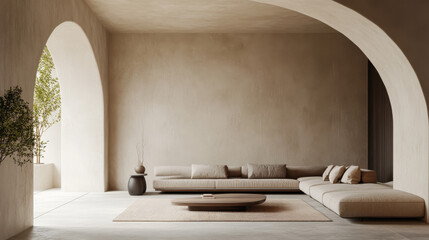 A modern minimalist interior featuring an elegant arch, a concrete floor, a sleek sofa, a coffee table, and curated decor. 3D render mockup
