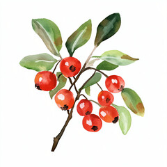 Watercolor hand-painted Buffaloberry branch on a white background, flat watercolor painting, simple design, isolated on a white background, illustration, AI painting design, AI