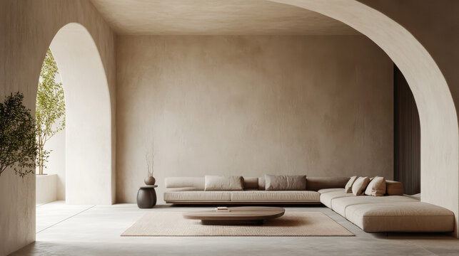 A modern minimalist interior featuring an elegant arch, a concrete floor, a sleek sofa, a coffee table, and curated decor. 3D render mockup