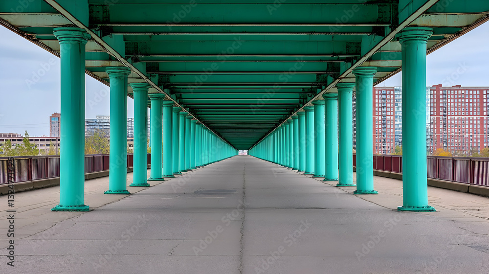 Poster symmetrical perspective of a green columned bridge structure leading towards the horizon against a c