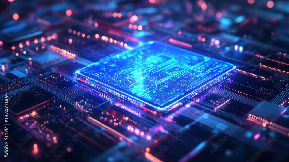 Fototapete ai chip on a laptop monitor. abstract digital technology innovation background. computer processor w