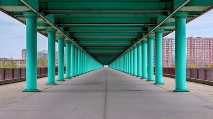 Symmetrical Perspective of a Green Columned Bridge Structure Leading Towards the Horizon against a Cloudy Sky with Urban Buildings in Background