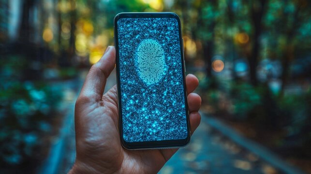 A hand holding a phone with a fingerprint scan activated for data protection