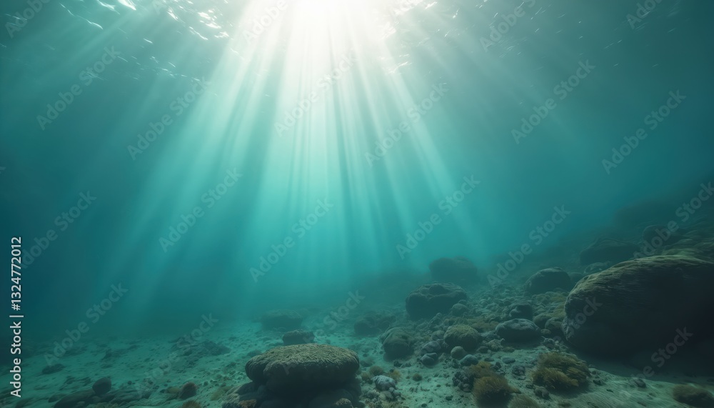 Poster underwater view of sunlight through water surface. sun rays shine into deep blue sea. rocky seabed w