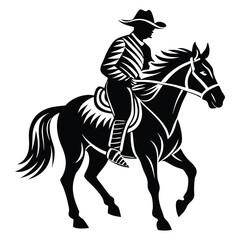 Black and White Horseman Silhouette with Crescent Moon Vector, Rider rides on a horse vector silhouette