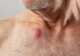 Naklejka premium Close-up of an elderly man's chest with a small, pink lesion on the skin. Closeup shot, stock photo, neutral background
