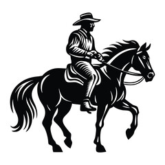 Black and White Horseman Silhouette with Crescent Moon Vector, Rider rides on a horse vector silhouette
