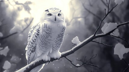 A majestic white owl perched on a snow covered branch