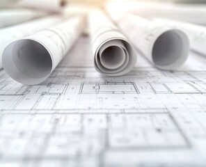 A detailed construction site model on top of blueprints, with cranes and building structures, representing the design process in architectural rendering.