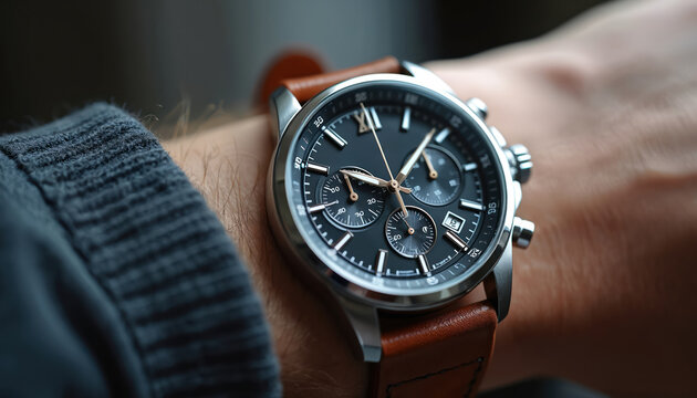Close-up of silver chronograph watch with black dial, brown leather strap on hairy man wrist. Elegant wristwatch is fashion accessory for successful modern men. Time is money.