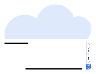 Large blue cloud above horizontal lines and vertical buffer gauge with a dial. Ideal for data storage, networking, cloud computing, technology, performance metrics, scalability, flat simple metaphor