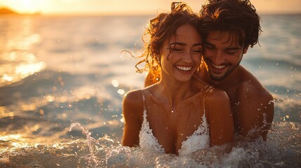 Obraz premium A just-married couple laughing as they run through the waves, their wedding outfits slightly wet