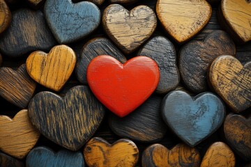 Obraz premium Vibrant red wooden heart surrounded by various textured hearts on a rustic wooden surface, symbolizing love and connection
