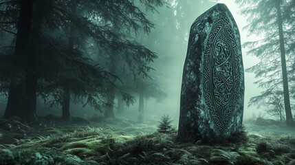 Large stone monolith with intricate Celtic carvings, mysterious presence in a misty forest