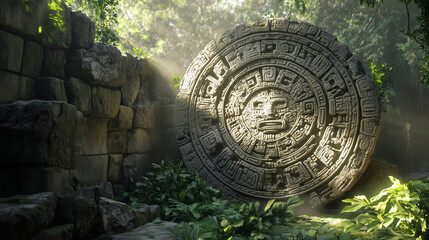 Massive Aztec stone carving with intricate patterns, illuminated by sunlight in a lush jungle setting
