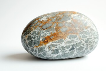 A smooth, polished stone with intricate grey, white, and orange marbling.