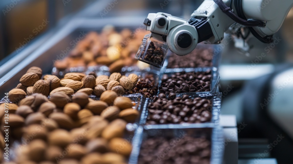 Poster robotic technology is handling nuts and coffee beans on a production line, optimizing food processin