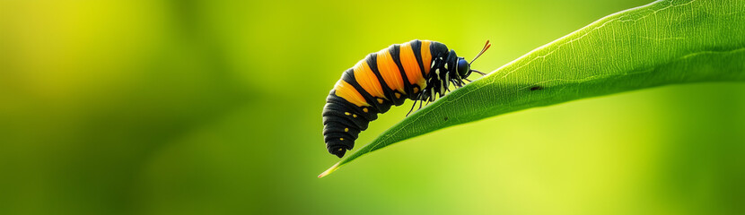 Naklejka premium Macro Shot of a Colorful Caterpillar on Green Leaf