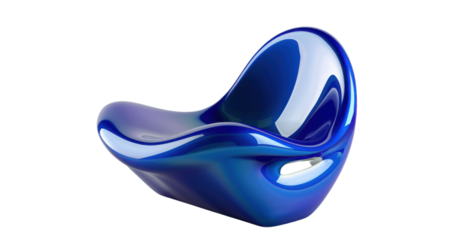 Glossy blue abstract blob armchair on transparent background