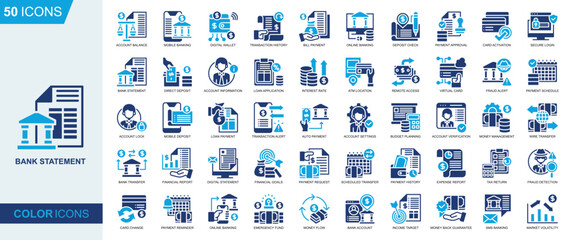 Bank statement icon collection set. Account Balance, Mobile Banking, Digital Wallet, Transaction History, Payment Approval, Card Activation icon. Simple flat vector