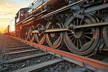Naklejka premium A vintage steam locomotive train moves along the railway tracks at sunset, showcasing its majestic wheels and powerful engine.