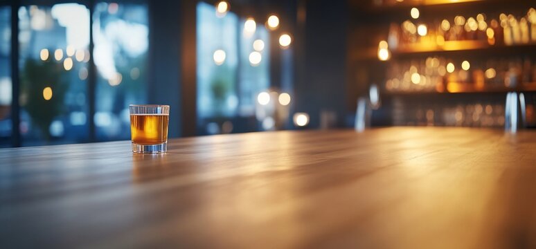 Amber Drink on Wood Bar Top