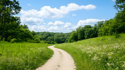 Naklejka premium Winding Dirt Path Through Lush Green Meadow Leading To Forest Under Bright Blue Sky with White Clouds