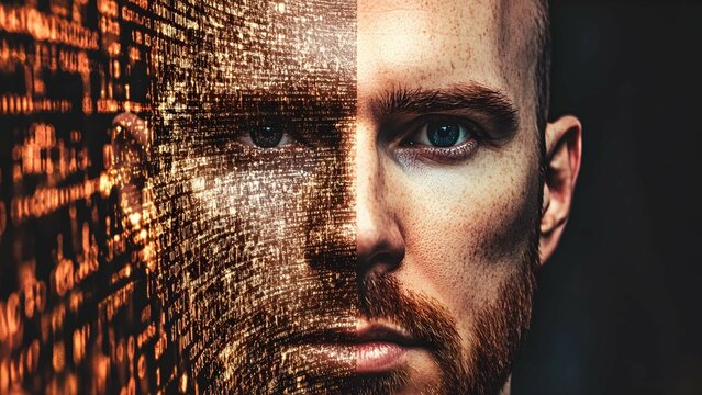 A futuristic portrait showing a man’s face split into two halves one side human, the other digital, symbolizing the fusion of technology and identity.