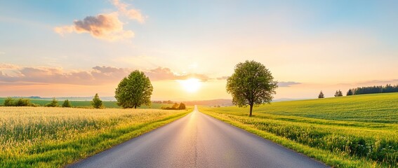Fototapeta premium A long road leading into the distance, surrounded by green fields and trees on both sides, with a beautiful sunset in the background. 