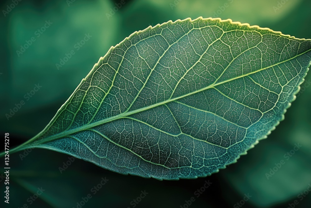 Poster close-up of a single, vibrant green leaf, showcasing intricate vein patterns and texture.