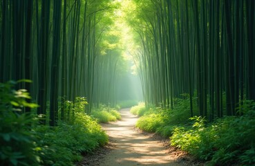 Obraz premium Enchanting trail runs through dense bamboo forest. Sun rays filter through tall green trees. Path invites visitors to serene grove, offering peaceful outdoor escape. Rich scenery perfect for nature