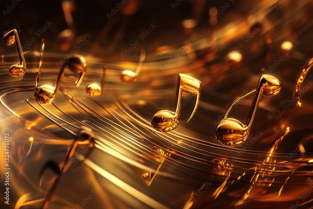 Poster musical notes create a vibrant and dynamic golden background in soft lighting, musical notes, render