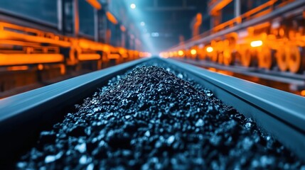 Fototapeta premium Close-up of coal on the conveyor belt at a factory for workers in the industry and industrial mining using a transportation system