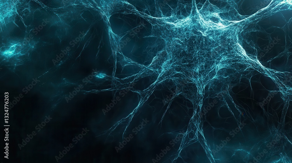 Poster Futuristic neural network patterns create a techy design with deep blue and cyan hues, showcasing nodes against a black background