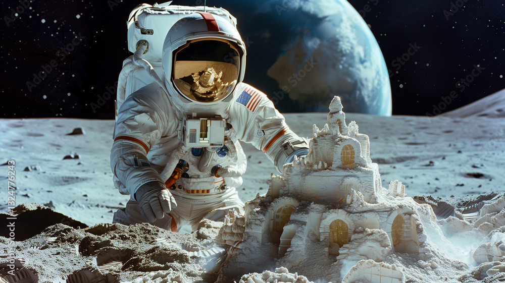 Poster this astronaut is building a sandcastle on the moon's surface, exploring space tourism possibilities