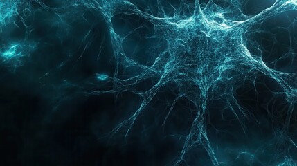 Futuristic neural network patterns create a techy design with deep blue and cyan hues, showcasing nodes against a black background