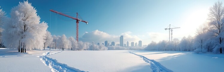Winter landscape with snowy field, frost covered trees under bright sky. Construction crane stands opposite city skyline. Footprints on clean white snow. Calm weather, silence, idyllic rural scenery.