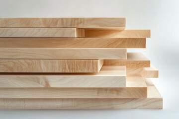 Neatly stacked planks of light-colored wood, showcasing natural grain and texture.