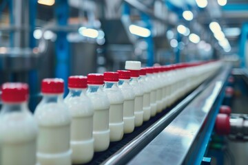 Obraz premium Bottles of Milk on a Conveyor Belt in a Factory