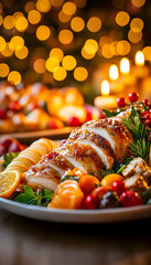 Festive Christmas roast, sliced and served with seasonal fruits, cranberries and herbs. Festive holiday meal centerpiece