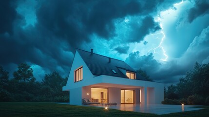 Obraz premium Modern house with lighting in the dark sky, home security system concept. A white, modern two-story family house on a lawn background with a thunderstorm and lightning.