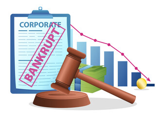 Corporate bankruptcy declared by the court, featuring a document stamped BANKRUPT, a gavel, a declining chart, and money. Represents financial crisis, business failure, debt, and liquidation