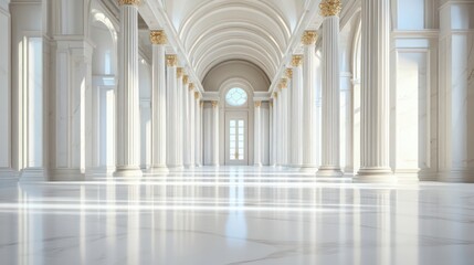 Grand Colonnade Hallway; Majestic Interior; Sunlight; Architectural Perspective; Elegant Space; Stock Photo