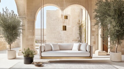 Fototapeta premium Metal swing with leather cushions complements indoor greenery and sunlight, creating a serene outdoor relaxation area