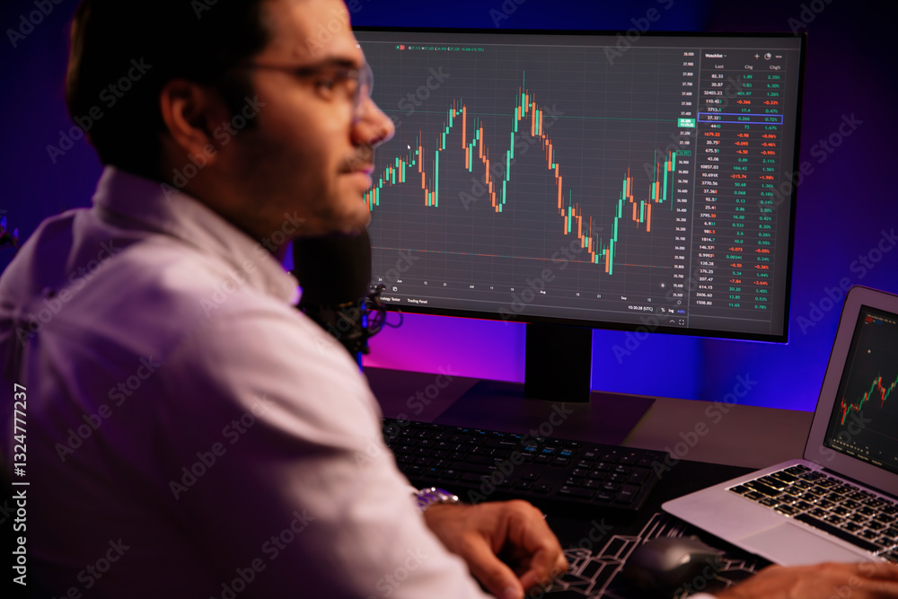 Poster smart trader businessman concentrating on dynamic stock exchange investment on pc and laptop showing